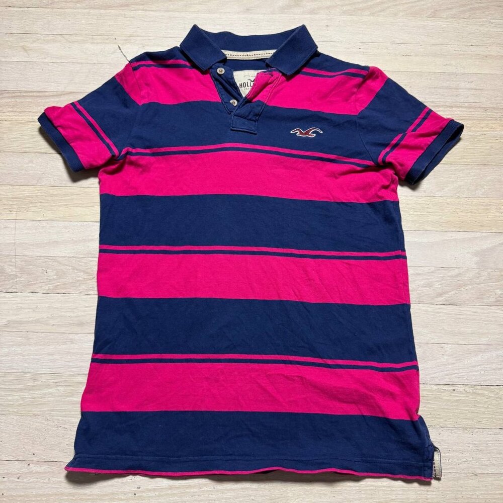 Vintage Hollister Striped Polo Navy Pink Gull Logo M Y2K Preppy